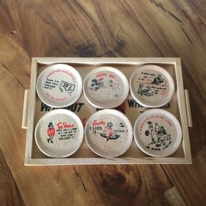 ✔️Vintage 6 Coasters w/ Wood Tray Retro Drinking Jokes Humor Prints MCM